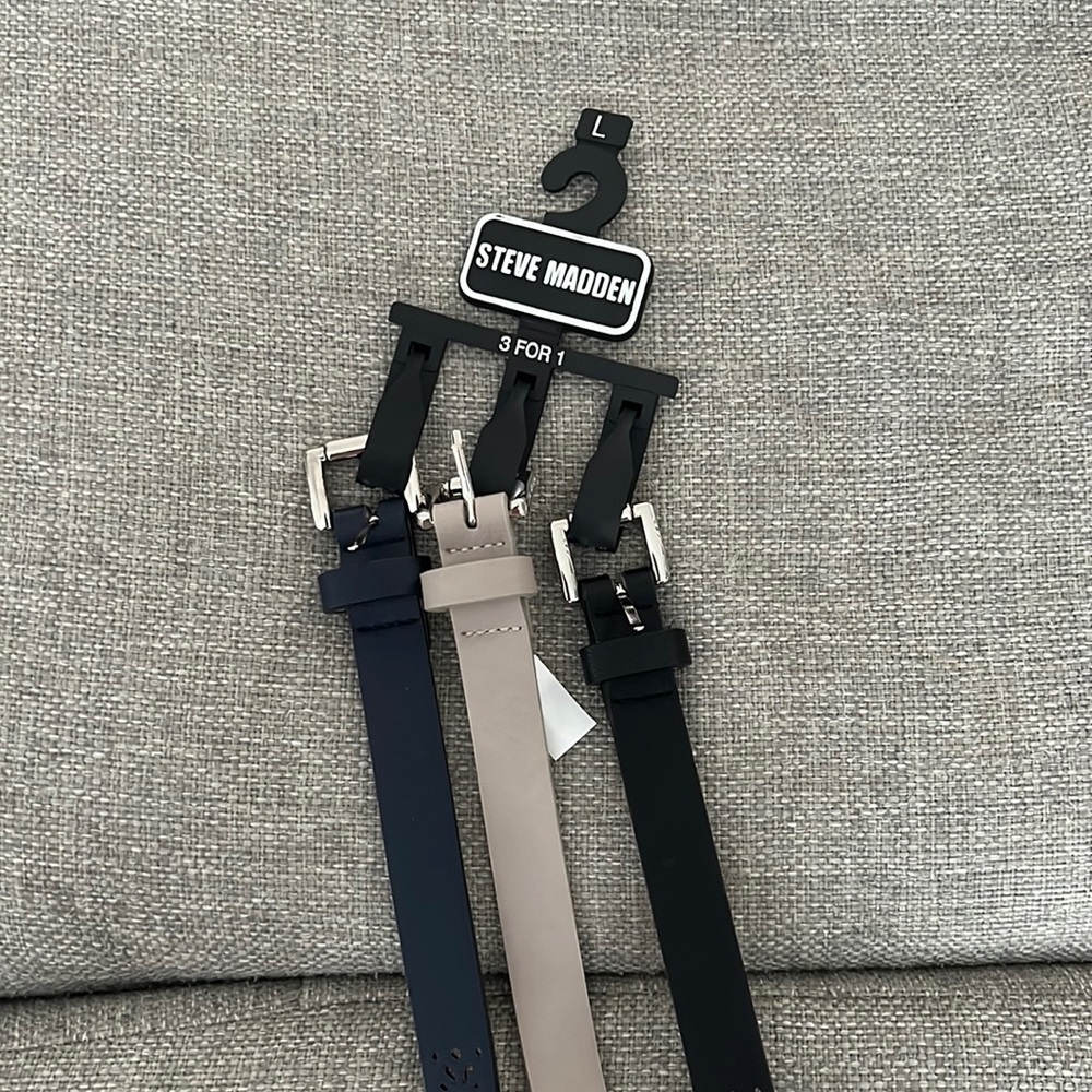Three Steve Madden belts never worn.  Size large.  Blue/Black/Cream color.
